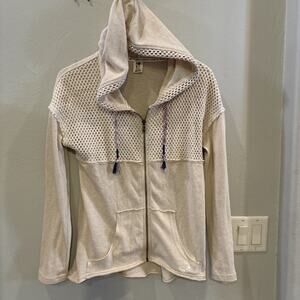 Roxy Women Tan Crochet Knit Hoodie Zip Up Casual Lightweight Medium Boho Beach